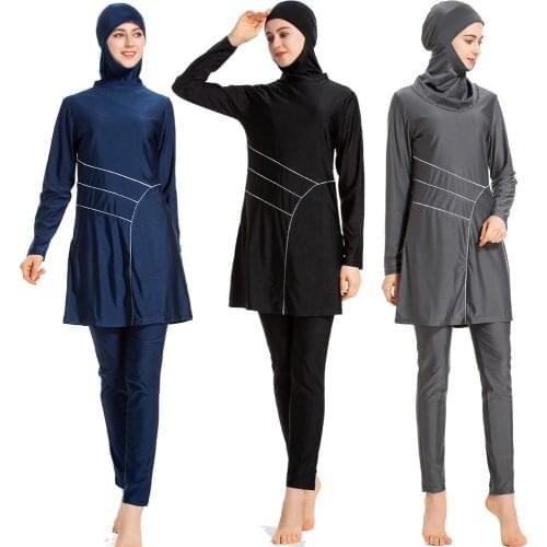 New Solid Color Swimwear Conservative Full Cover Middle Eastern Women Swimwear Sportswear Suit