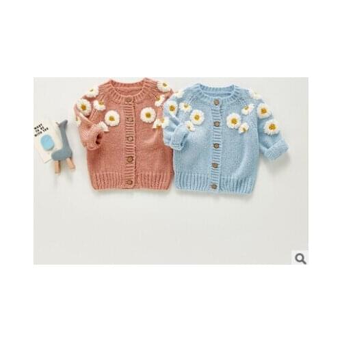 Autumn Toddlers Knitted Cardigan, Baby Girls Daisy Embroidery Round Collar Long Sleeve Single-breasted Outwear Casual Tops