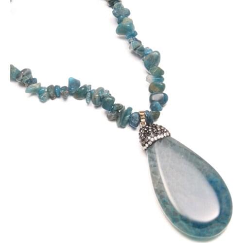 Natural Stone Necklace Waterdrop Shape Dragon Pattern Blue Agate Stone Pendant Long Chip Stone Chain Charms for Women Jewelry