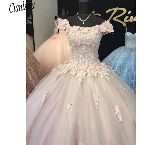 Luxury Princess Quinceanera Dresses Lace Appliqued Pink a line Floral Sweet 16 Dress Prom Dresses