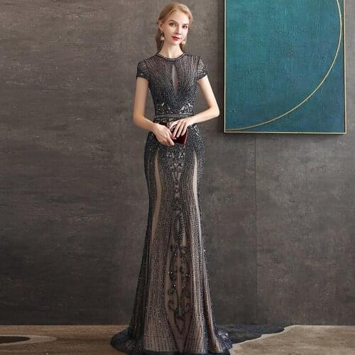 Luxury Sexy Mermaid Rhinestones Evening Dresses Women Pageant Dress Long Prom Dress Short Sleeve Competition Gowns Illusion Back