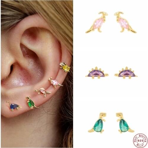 Aide 925 Sterling Silver Cute Dinosaur Stud Earrings For Women Tiny Colored Zircon Crystal Animal Cartilage Ear Studs Jewelry