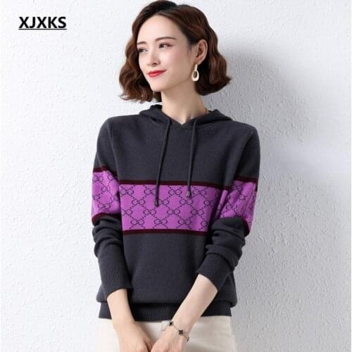 XJXKS 2021 autumn winter new fashion hooded women sweater high-end wool knitted sweater women pullover