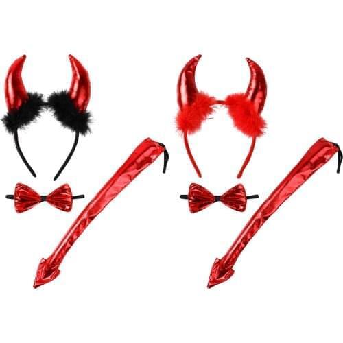 Funny Devil Ears Headband Horns Ear Kit Adult Kids Headbands Bow Tie Devil Tail Halloween Party Cosplay Costume Decoration Props