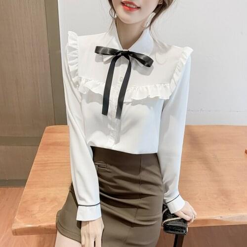 Design sense niche 2021 autumn new lotus leaf stitching bow tie long-sleeved chiffon shirt blouse female