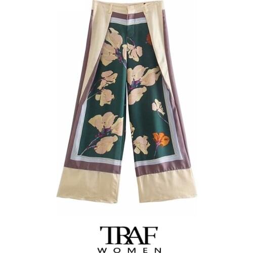 TRAF Women Fashion Overlay Detail Floral Print Wide Leg Pants Vintage High Waist Button Fly Female Trousers Mujer