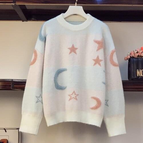Korean Fashion Ladies Full Sleeve Casual Pullover and Sweater Colorful Stars Pull Jumpers Oversized Winter Thick Sweaters 2021