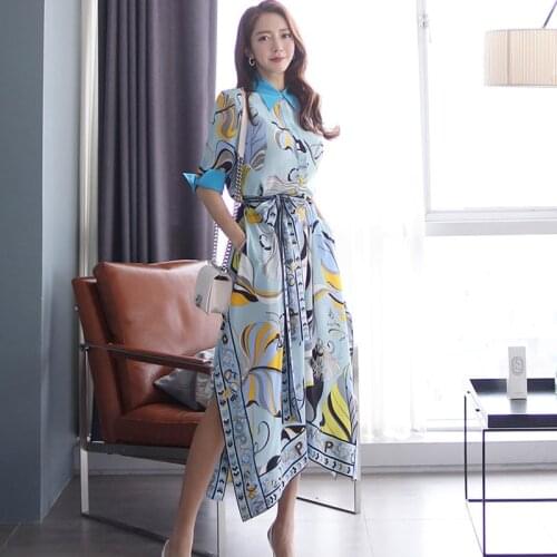 New arrival fashion elegant satin dress women summer thin korean style temperament print office lady casual beach a-line dress