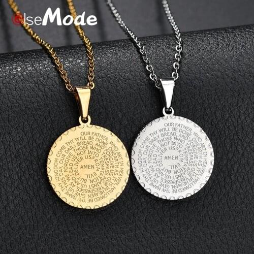 ELSEMOOD Gold Stainless Steel Coin Pendant Neckalce for Women Men Christian Jewelry Bible Prayer Amulet Necklace