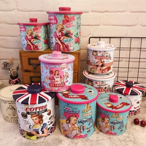 2pcs/set American Style Round Iron Storage Box Desk Organizer Nougat Candy Biscuit Snack Packing Box Coffee Sugar Storage Tank