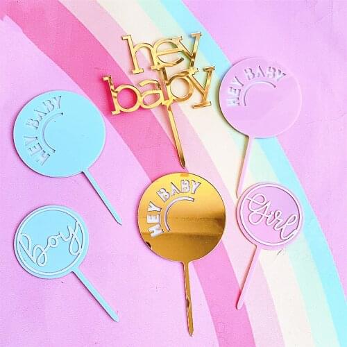 Acrylic Hey Baby Cake Topper Gold Pink It is a Boy Girl Cupcake Topper For Baby Shower Kids Baby Birthday Party Cake Decorations