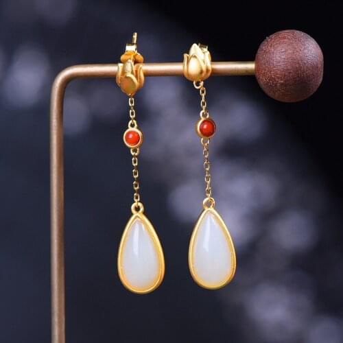 Antique Eardrops Super Fairy Court Style Fashionable Natural Hetian Jade Earrings Female S925 Sterling Silver Retro Popular Chin