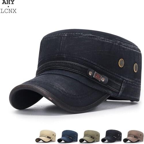 Four Seasons Classic Vintage Flat Top Men Washed Cap Adjustable Cap Winter Warm Cotton Solid Color Sun Protection Military cap