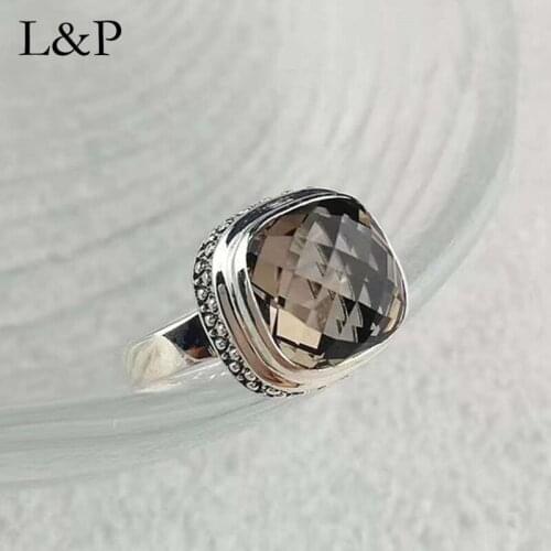 L&P Vintage Real Silver Smoky Quartz Rings For Women Elegant Fashion Natural GemStone Adjustable Ring Fine Jewelry Ladies Gift