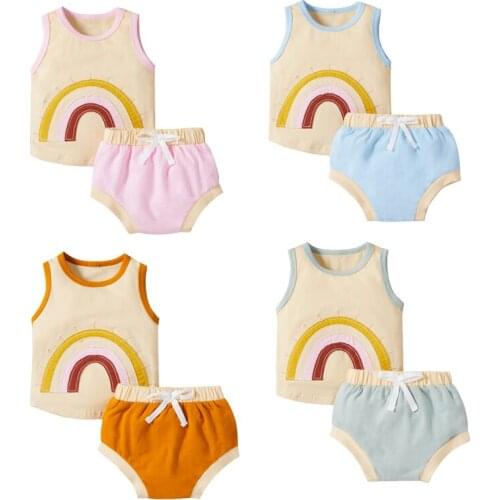 FOCUSNORM Newborn Baby Girls Boys Clothes Sets 4 Colors Rainbow Print Sleeveless Vest Tops Shorts 0-18M