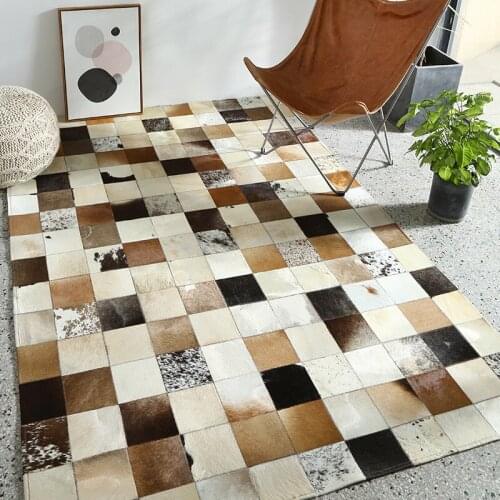 Nordic Style Pure Cowhide Carpet Geometric Jigsaw Rug Living Room Bedroom Tea Table Carpet Pure Handmade Splice Carpets