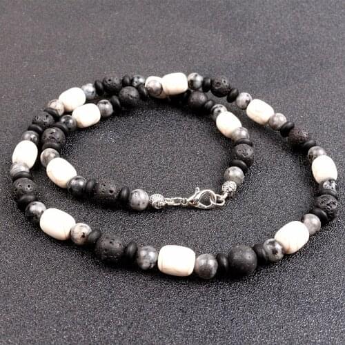 8mm BLava Stones with white spacer stone beads Surfer Necklace for men tribal jewelry