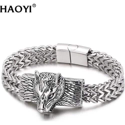 12mm 3 Colors Rock Viking Wolf Charm Bracelet Mens Stainless Steel Mesh Chain Gold Wolf Punk Bracelets Biker Jewelry