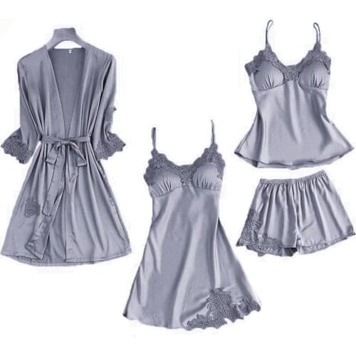 4PCS Nightie Gown Set Black Women Nightshirts V-Neck Pajamas Print Sleepwear Sleep Bathrobe Wear Home Suit Negligee Spring Robe