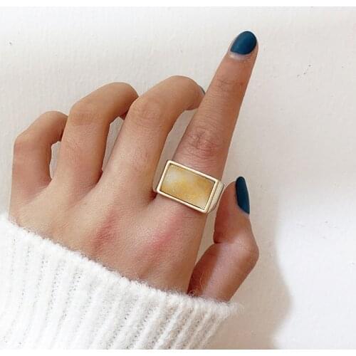 New Vintage Big Square Marble Stone Wide Finger Rings For Women Gold Luxury Jewelry Ring Girls Fashion Jewellery Gift