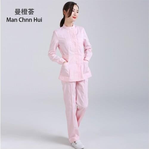 Nurses wear long-sleeved spring womens stand collar split suit powder green white beauty clothes pharmacy overalls