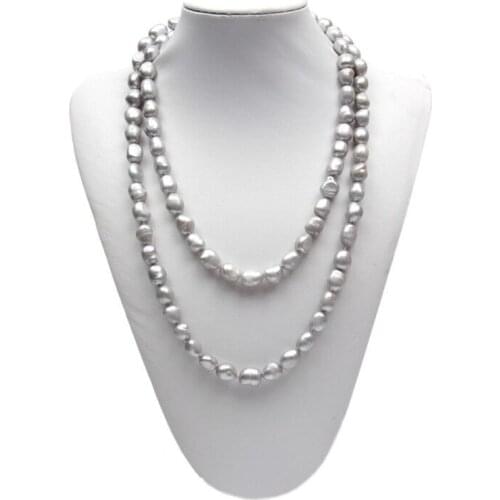 Free shipping women long body necklace silver gray baroque nugget shape genuine pearl sweater necklace high quality wedding