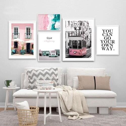 Landscape Canvas Poster Nordic Decoration Pink Beach Bus Wall Art Print Painting Decorative Picture Scandinavian Home Decor