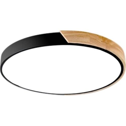 Ceiling Light 18W Nordic Wooden Application Living Room Round Bedroom Led Light Black (Warm Light) Rubber Wood + Wrought Iron