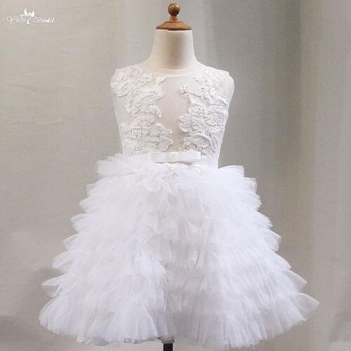 LZC035 Puffy Tulle Lace Ball Gown Flower Girl Dresses Sleeveless Ruffle Princess Dress Illusion Girl Wedding Party Dress