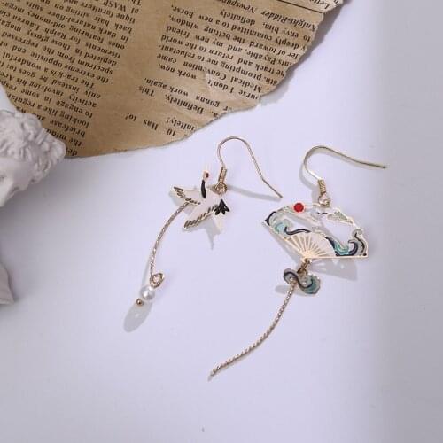 Chinese style Folding Fan Modeling Crane cloud Hanging Dangle National Style Earrings for Women Hollow asymmetric Metal Jewelry