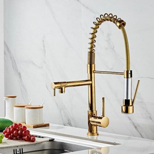 2 Colors Spring Pull Down Kitchen Sink Faucet Hot & Cold Water Mixer Crane Tap with Dual Spout Deck Mounted