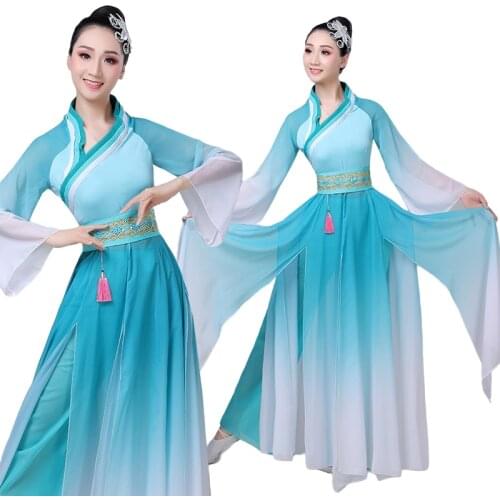 Hanfu Dance Costume Female Fan Dance Folk Style Dance Costume Hmong Clothes Chinese Folk Dance Costume for Woman Blue