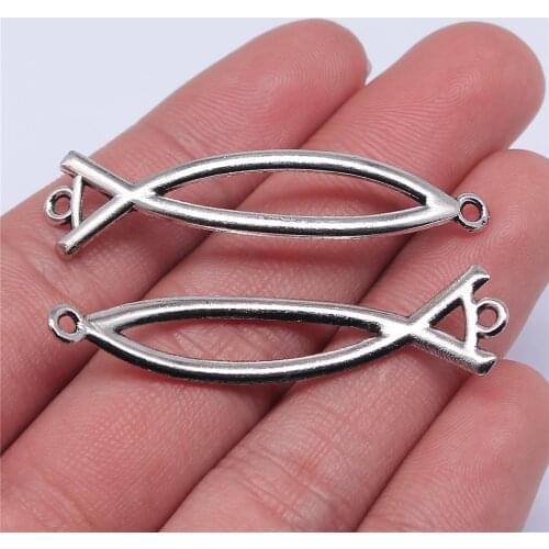 WYSIWYG 10pcs 48x10mm Jesus Fish Connector Charms Antique Silver Color Christian Fish Charms