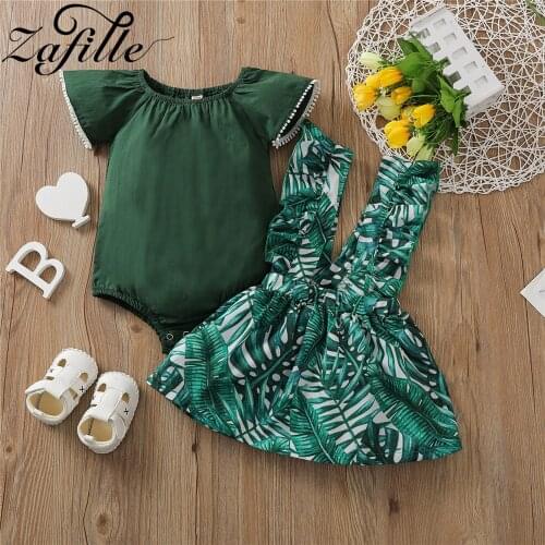 ZAFILLE Baby Girl Summer Clothes 2021 Green Tropical Leaf Baby Girl Clothes Set Fashion Ruffle Romper and Skirt Newborn Suit