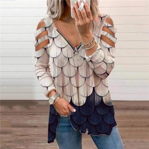5XL Plus Size Women Fish Scale Print Long Sleeve T-Shirt New 2021 Summer Sexy V-Neck Zipper Clothes Loose Casual Hollow Out Tops