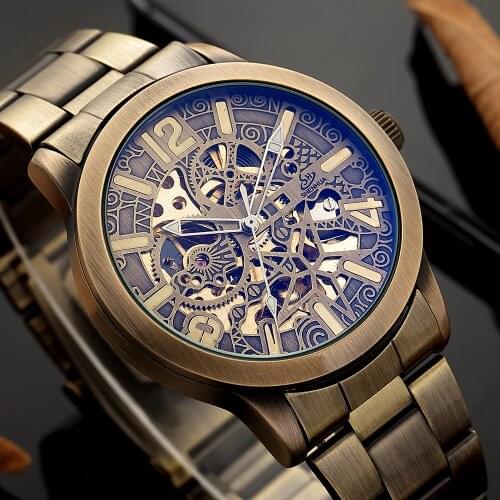 SHENHUA 2018 Male Clock Retro Bronze Mens Automatic Wrist Watch Vintage Carving Skeleton Dial Luminous Hands Relogio Masculino