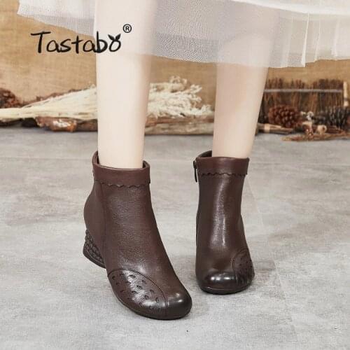 Tastabo Genuine Leather high heel womens boots Vintage style womens shoes Everyday boots S99812 Brown Black Casual fashion
