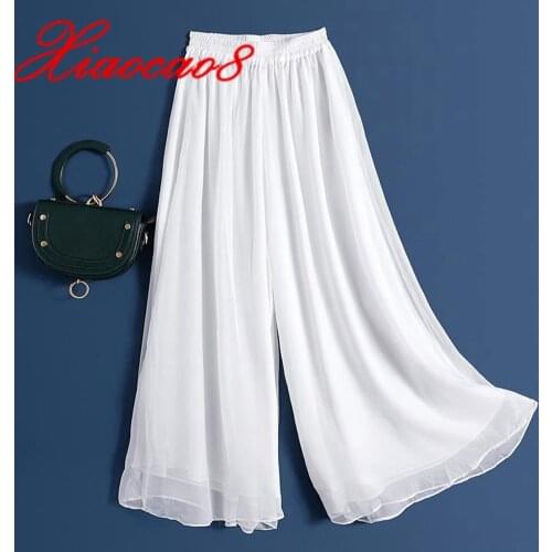 2021 Summer Women Chiffon Wide Leg Pants Oversize High Waist Skirt Pants Woman Elegant Solid Trousers Female Black White Clothes