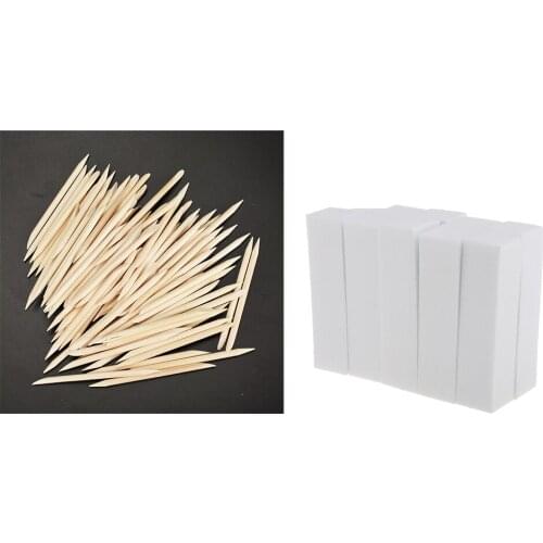 100Pcs Disposable Double Ended Cuticle Pusher Remover Manicure Pedicure Nail Art Tools + 10x 4 Ways Nail Buffer Polisher Block