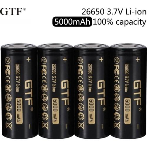 2020 New GTF 26650 5000mAh 100% capacity 3.7V Li-Ion Rechargeable Battery for Flashlight flat head batteries