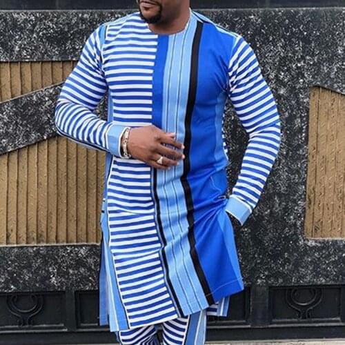 African Men Striped Printed Mens Tshirts Fashion Caftan Casual Mid-length Muslim Loose Long Sleeve Top Fashion Dashiki T Shirt