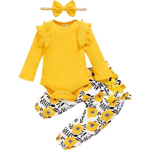 Baby Girl Clothes 0-18 Months Yellow Long Sleeve Romper Floral Print Suits For Toddler Girls Spring Outfit Newborn Girls Set