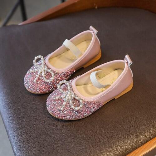 Princess Elegant Party Girl Shoes To School Fashion Crystal Beads Bow ChildrenS Sneakers Girl Kids Flat Sole Leather Shoes 3-12