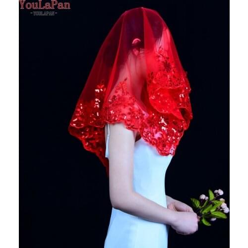 YouLaPan V88 Bridal Veil Red Coloer Red Bridal Veil Novelty Wedding Veil Sequin Wedding Veil Mesh Headband Bridal Veil Face Veil