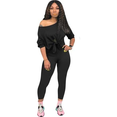 2 Piece Sets Women Sexy One Shoulder Long Sleeve Tie Up Crop Top Skinny Two Piece Outfits Bodycon Club Jumpsuit Skinny Pants Set