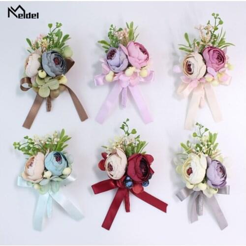 Meldel Groom Boutonniere Bridal Wrist Corsage Girl Bracelet Artificial Silk Rose Red Flower Party Prom Meeting Wedding Supplies
