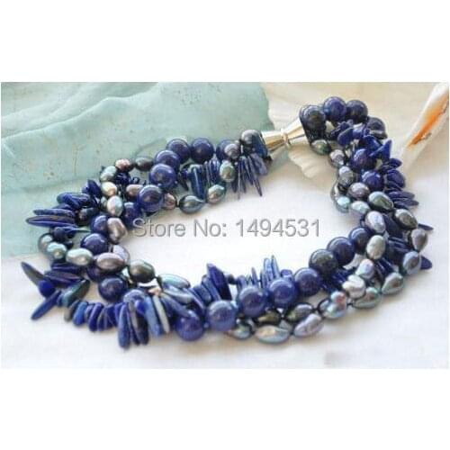 Wholesale Pearl Jewelry 4Row 19 Inches Black Rice Pearl Black Lapis Lazuli Necklace - Magnet Clasp - Handmade Jewelry - XZN47