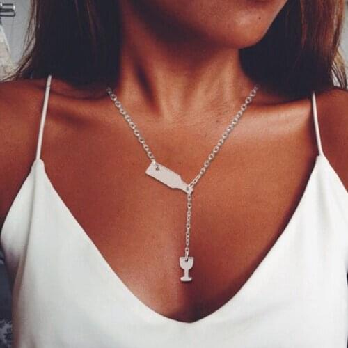 Beer Cup Long Pendant Necklace For Women Wine Bottle Gold Silver Color Triangle Statement Necklace Party Jewelry Gift