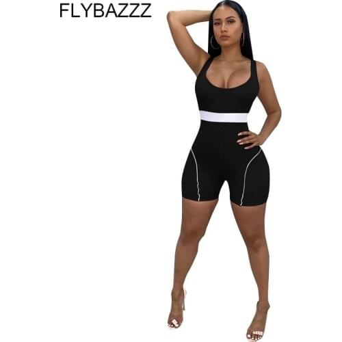 Sexy Women Sleeveless Tank Jumpsuit One-piece High Waist Striped Bodycon Sports Yoga Suit Rompers Backless Biker Shorts Playsuit