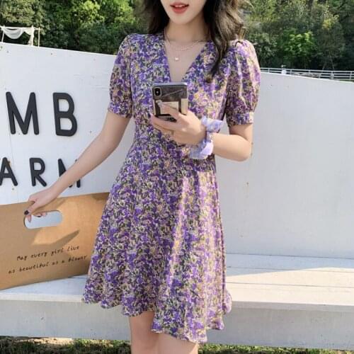 Floral Print Elegant V-neck Summer Dress Women Fashion High Waist Lace-up MIni Dress Holiday Style Short Puff Seeve Dresses
